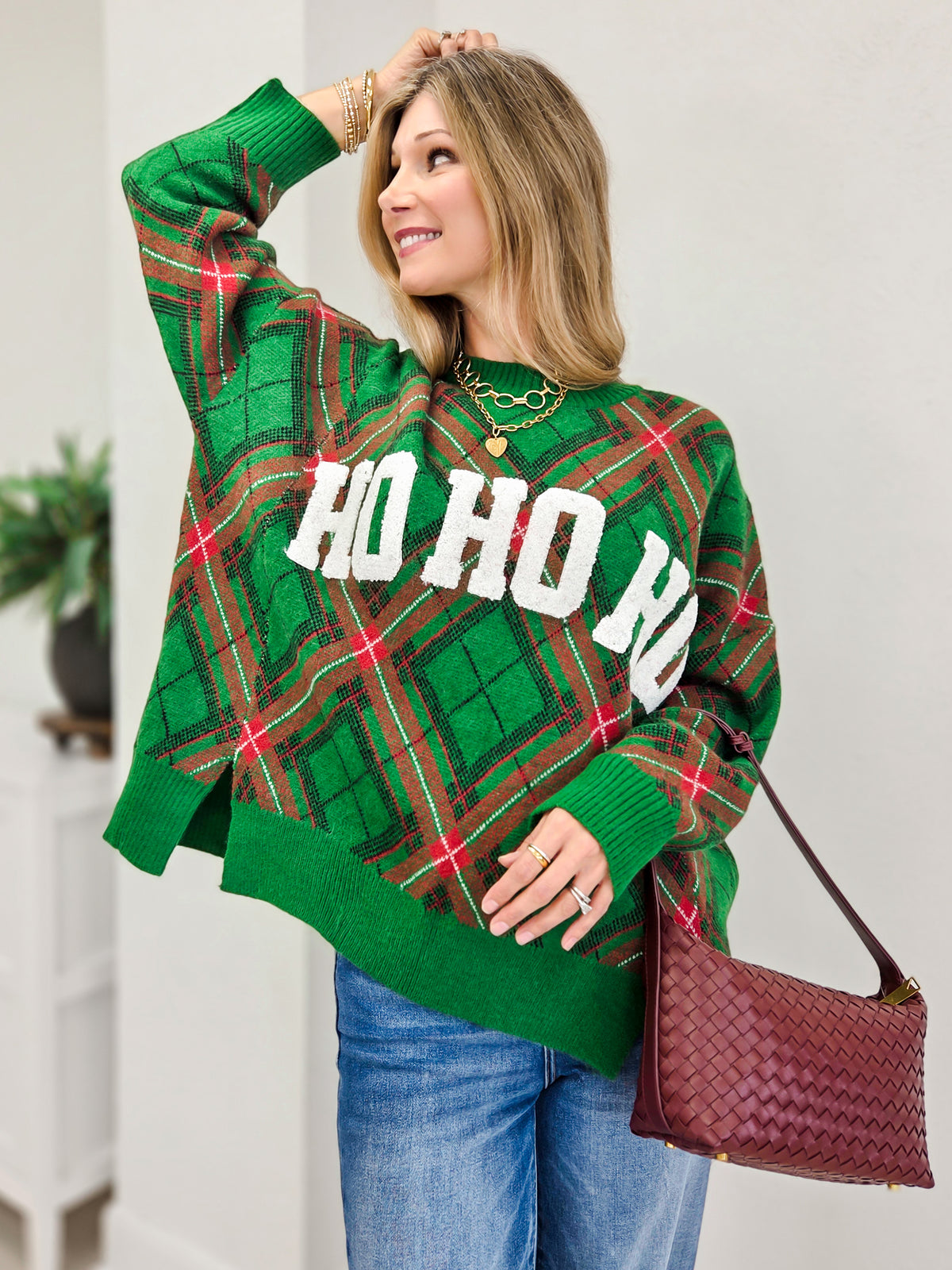 Ho Ho Ho Plaid Christmas Sweater