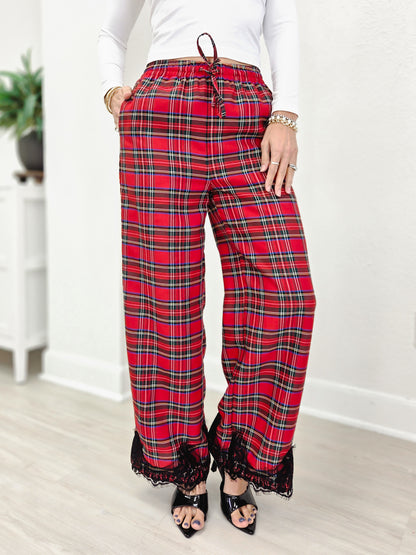 Lace Trimmed Wide Leg Flannel Pants