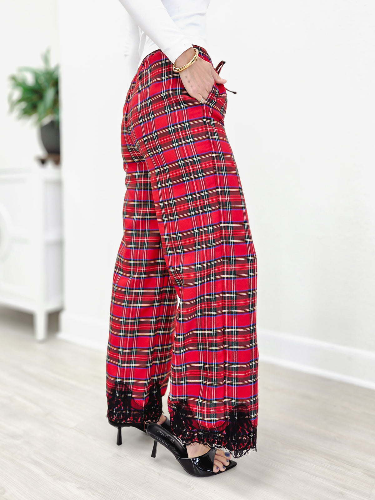 Lace Trimmed Wide Leg Flannel Pants