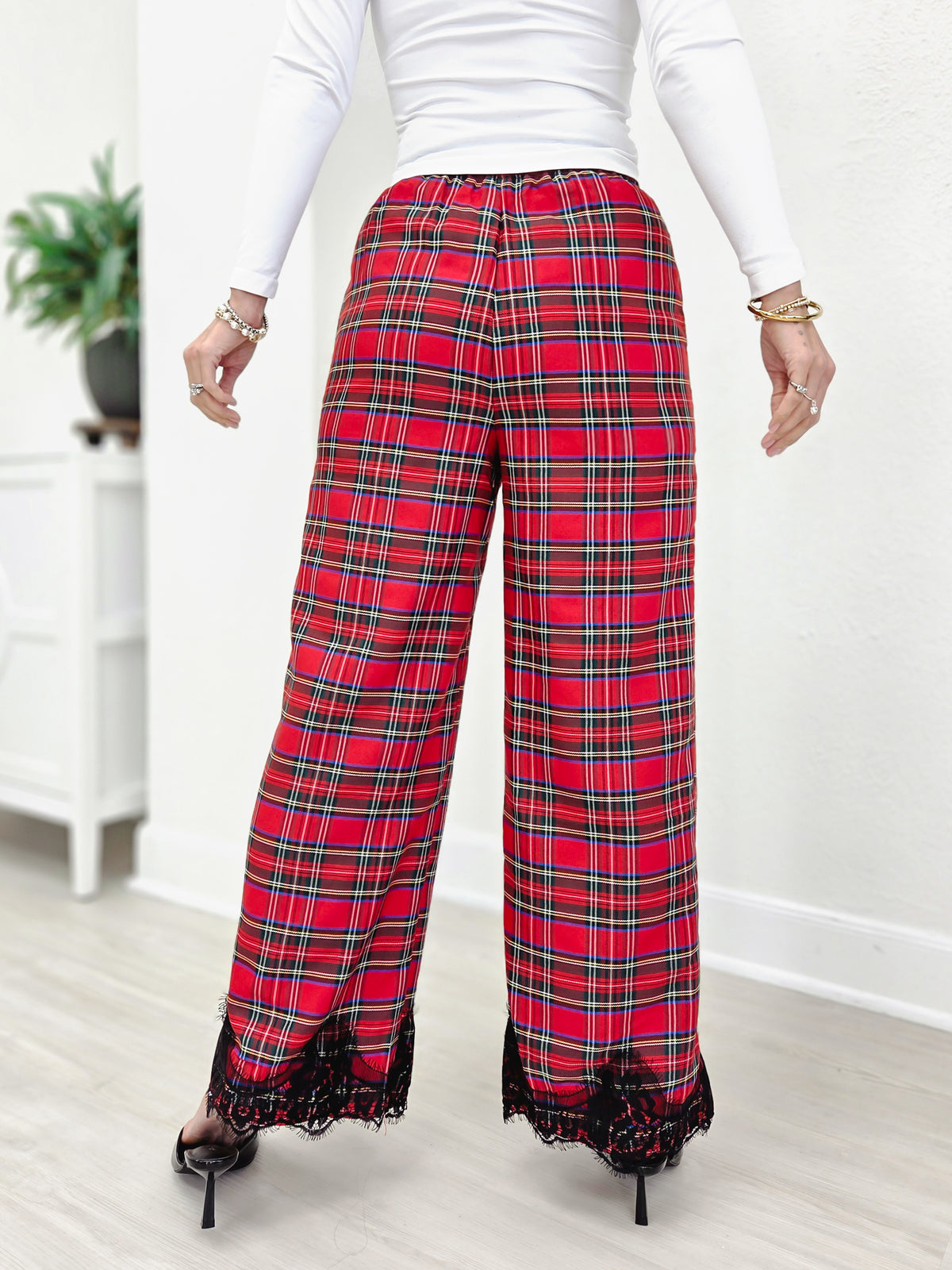 Lace Trimmed Wide Leg Flannel Pants