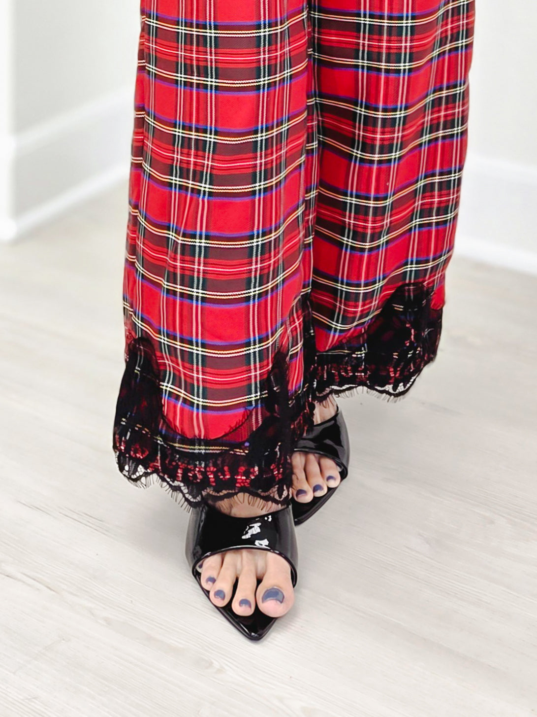 Lace Trimmed Wide Leg Flannel Pants