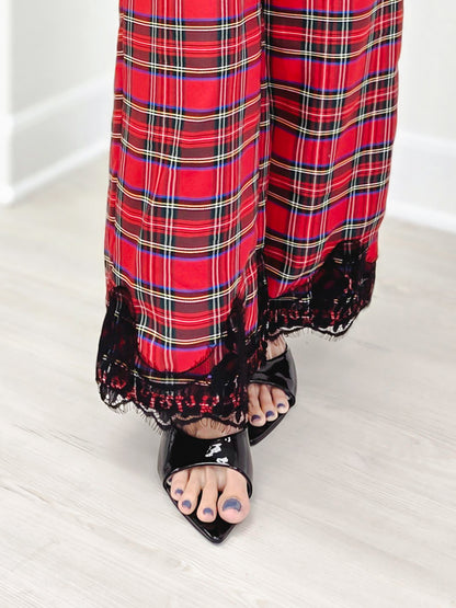 Lace Trimmed Wide Leg Flannel Pants