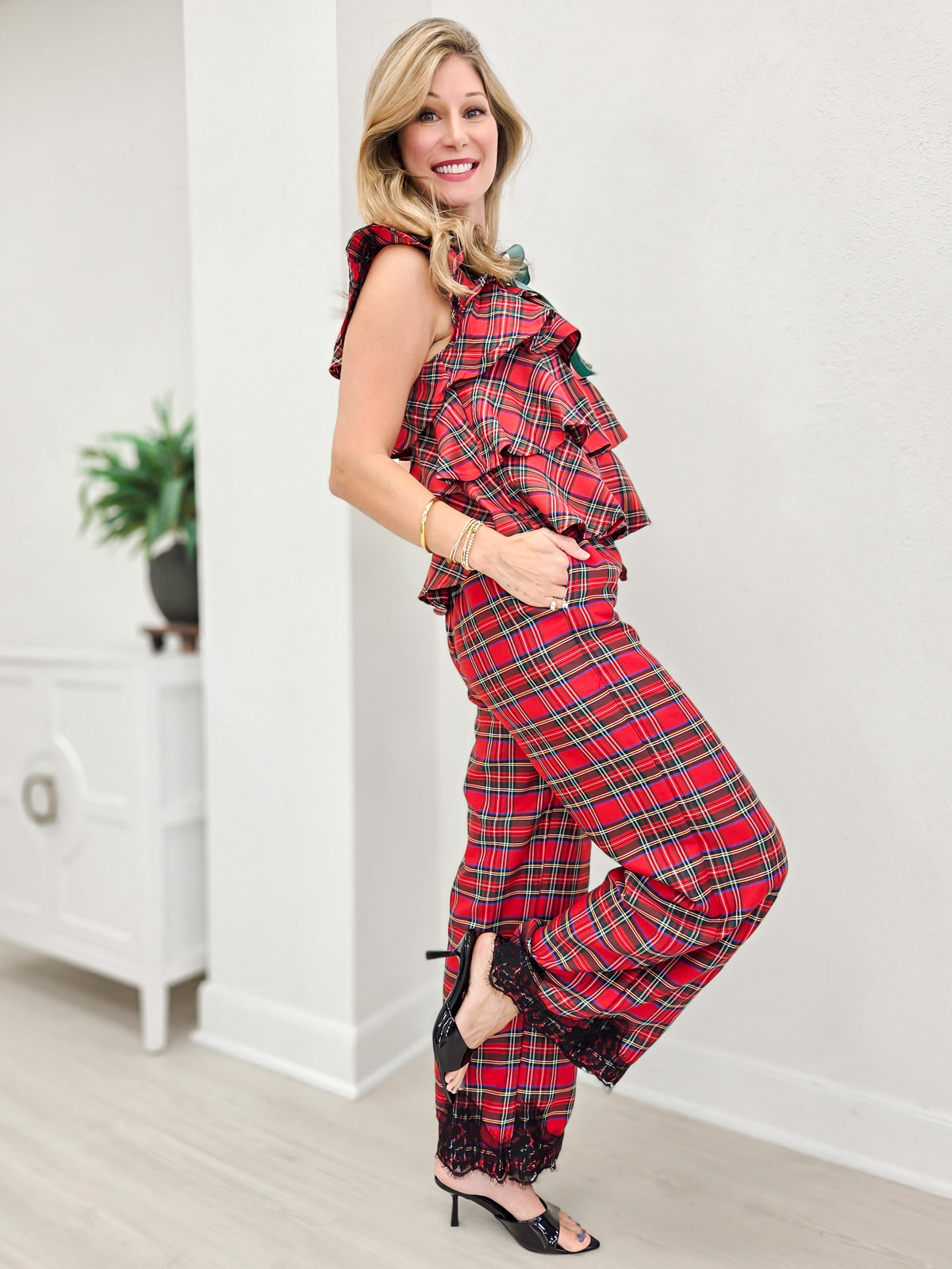 Lace Trimmed Wide Leg Flannel Pants