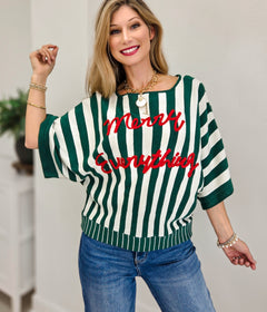 Christmas Lettering Striped Dolman Sleeve Sweater