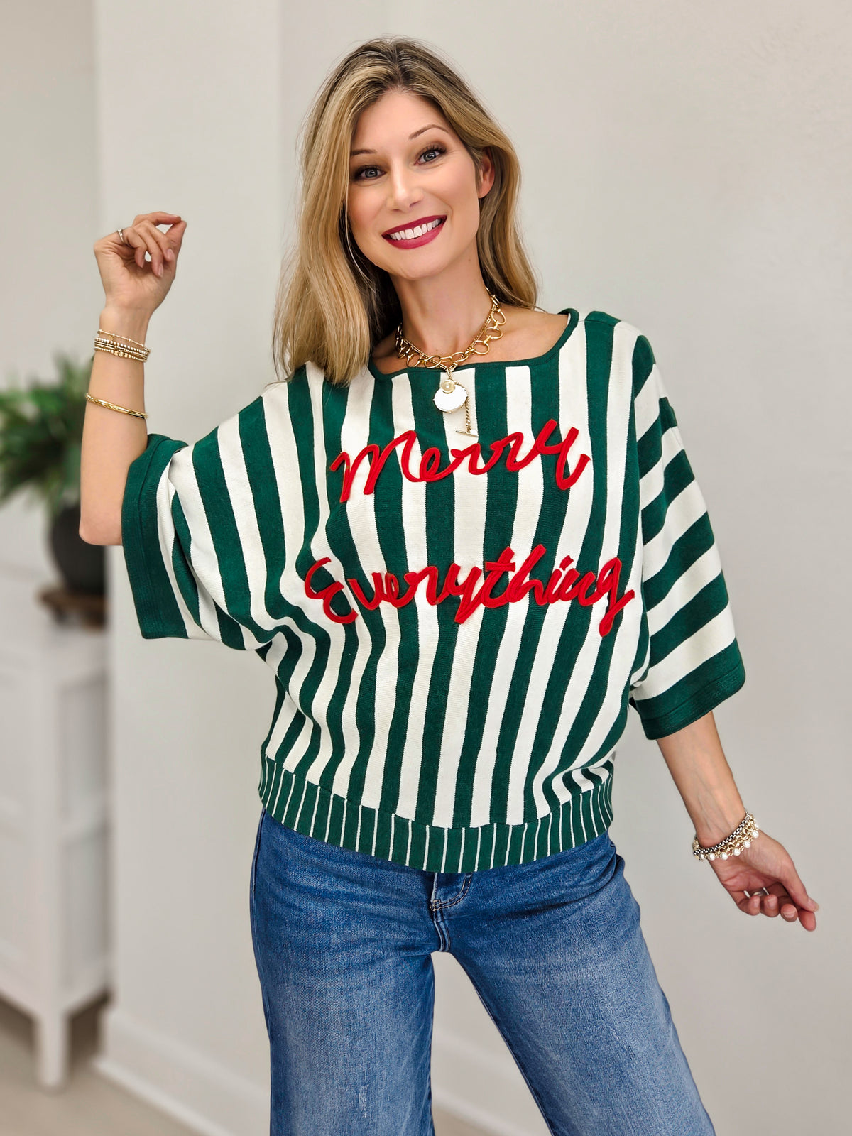 Christmas Lettering Striped Dolman Sleeve Sweater
