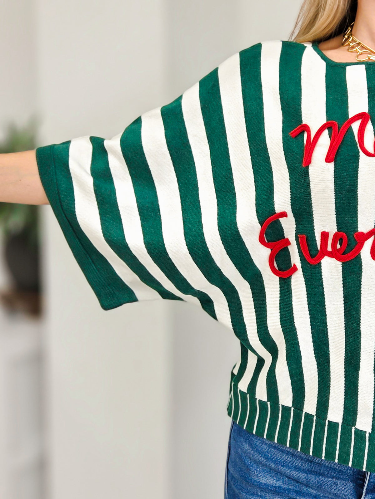 Christmas Lettering Striped Dolman Sleeve Sweater