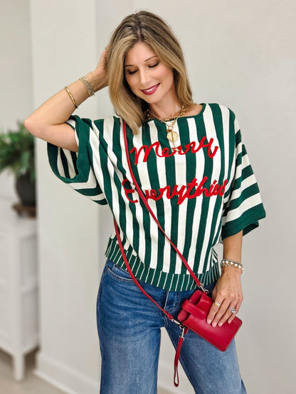 Christmas Lettering Striped Dolman Sleeve Sweater