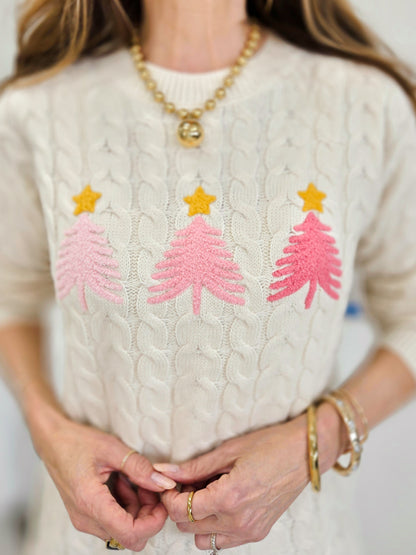 Embordered Christmas Tree Cable Textured Sweater Top