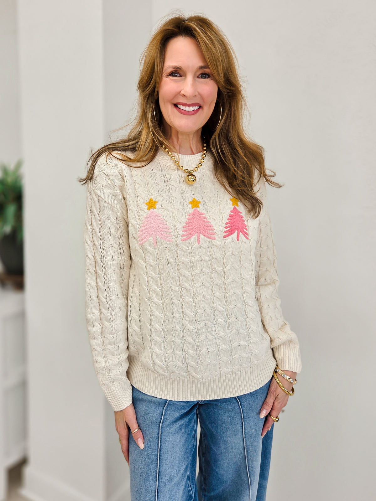 Embordered Christmas Tree Cable Textured Sweater Top