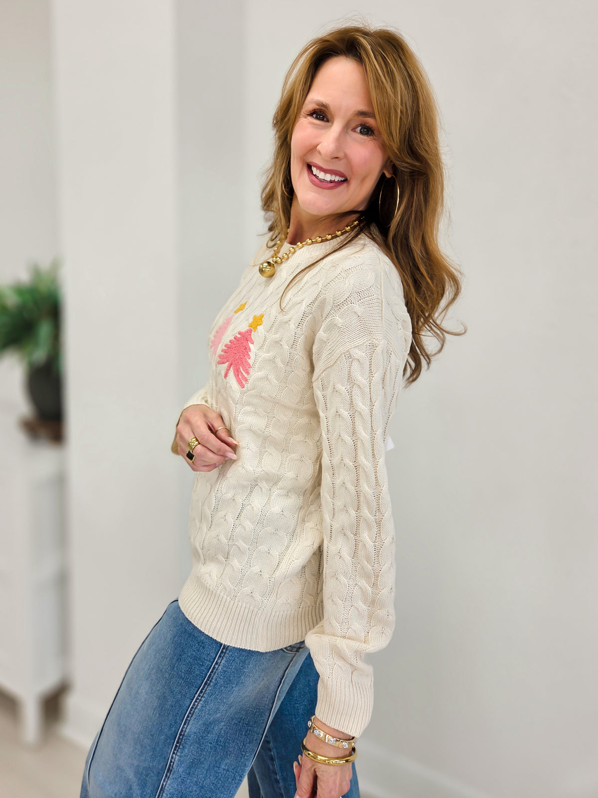 Embordered Christmas Tree Cable Textured Sweater Top