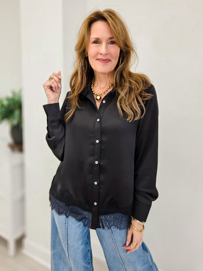 Satin Loose Fit Blouse With Lace Trim Detail