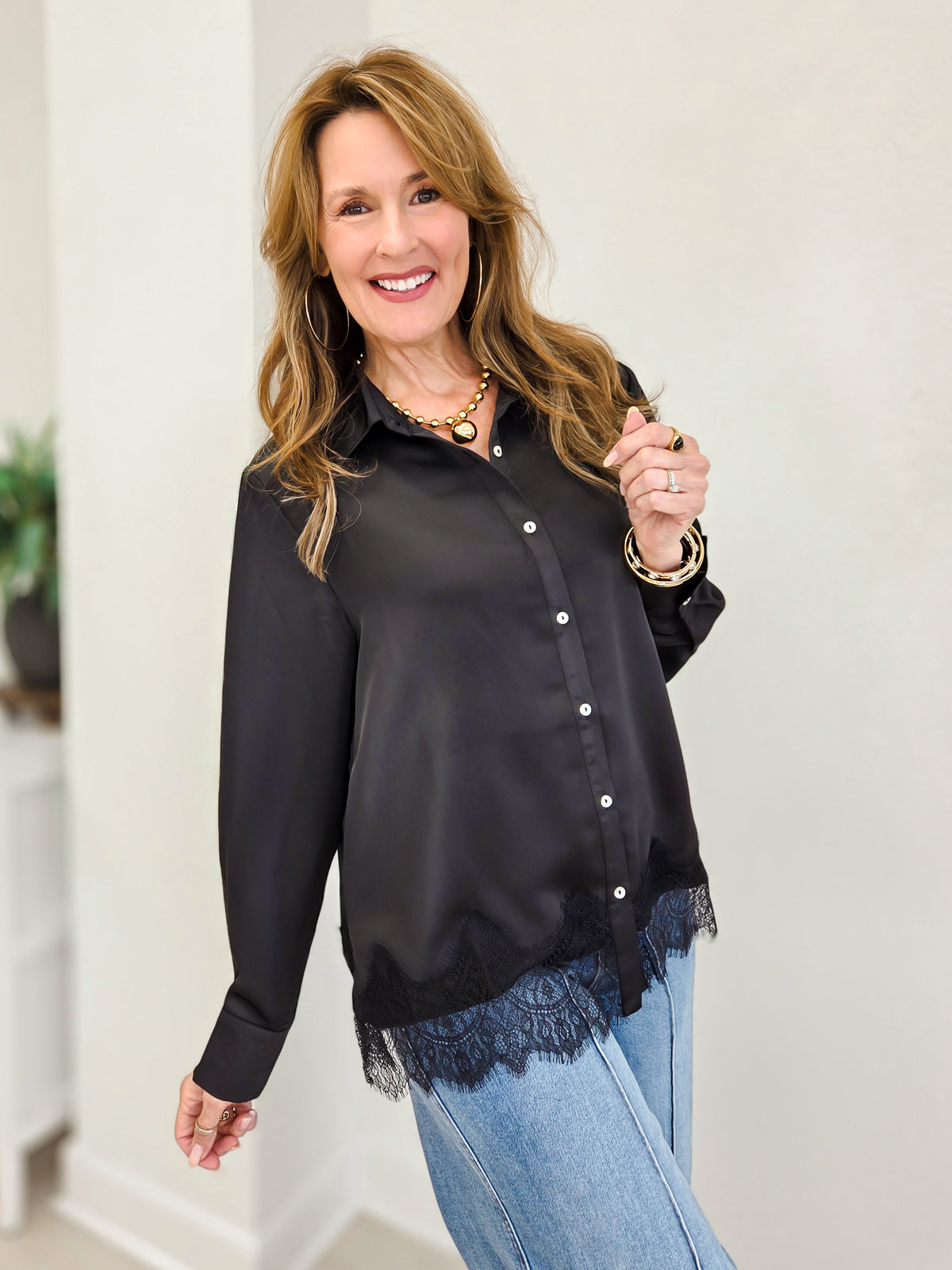 Satin Loose Fit Blouse With Lace Trim Detail