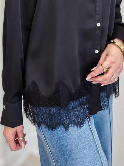 Satin Loose Fit Blouse With Lace Trim Detail