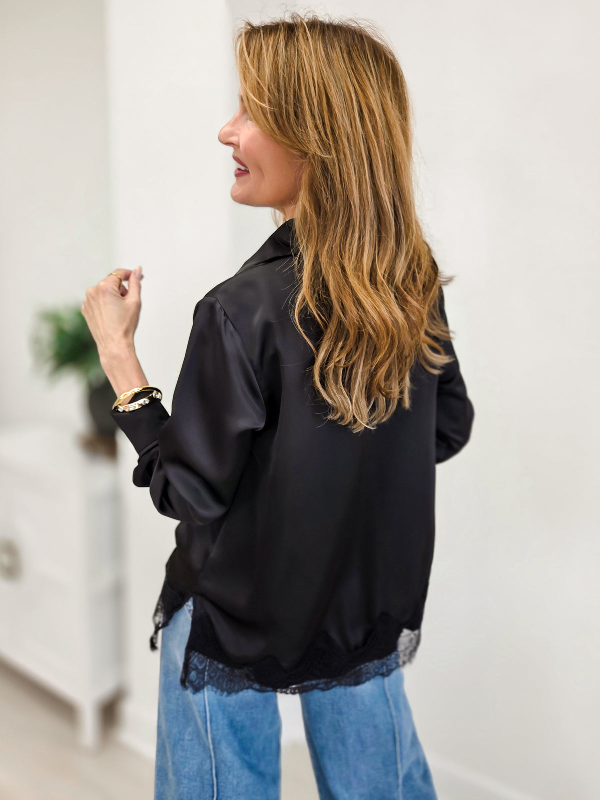 Satin Loose Fit Blouse With Lace Trim Detail