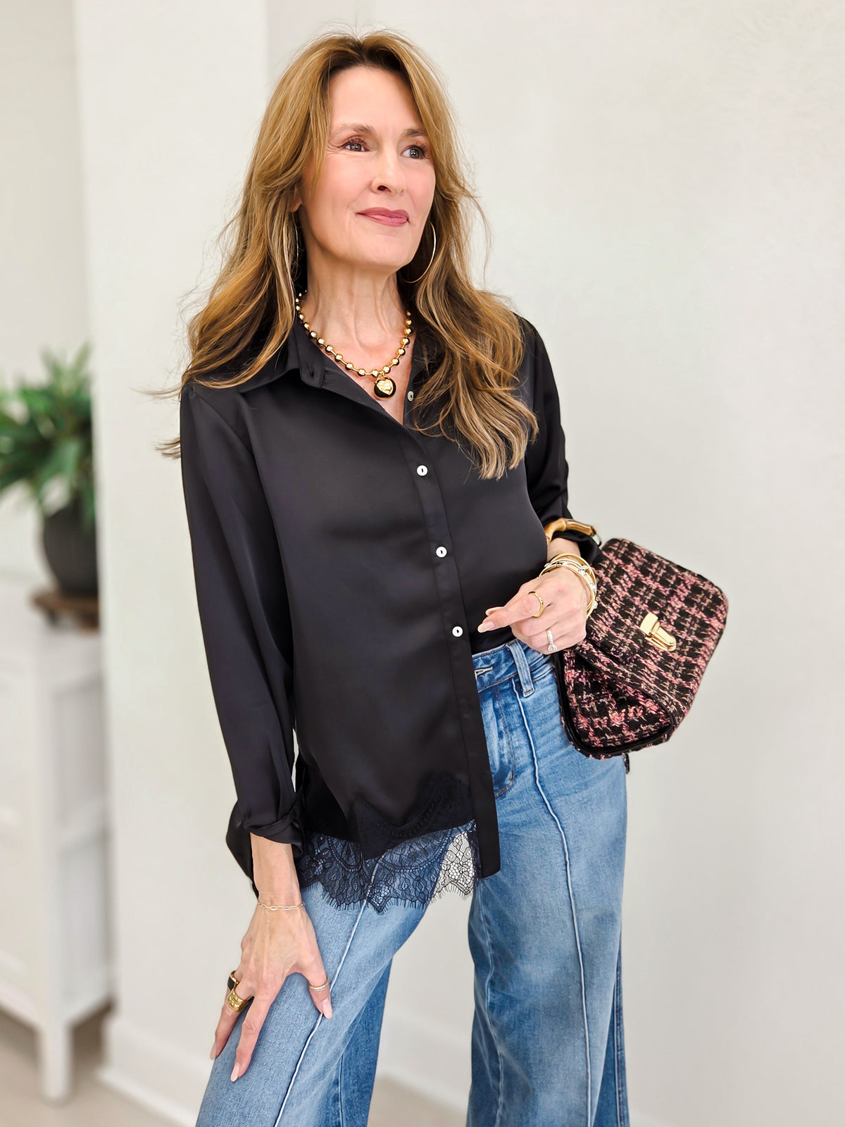 Satin Loose Fit Blouse With Lace Trim Detail