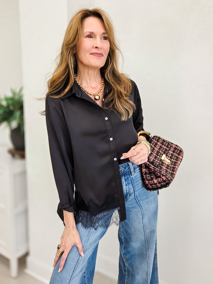 Satin Loose Fit Blouse With Lace Trim Detail