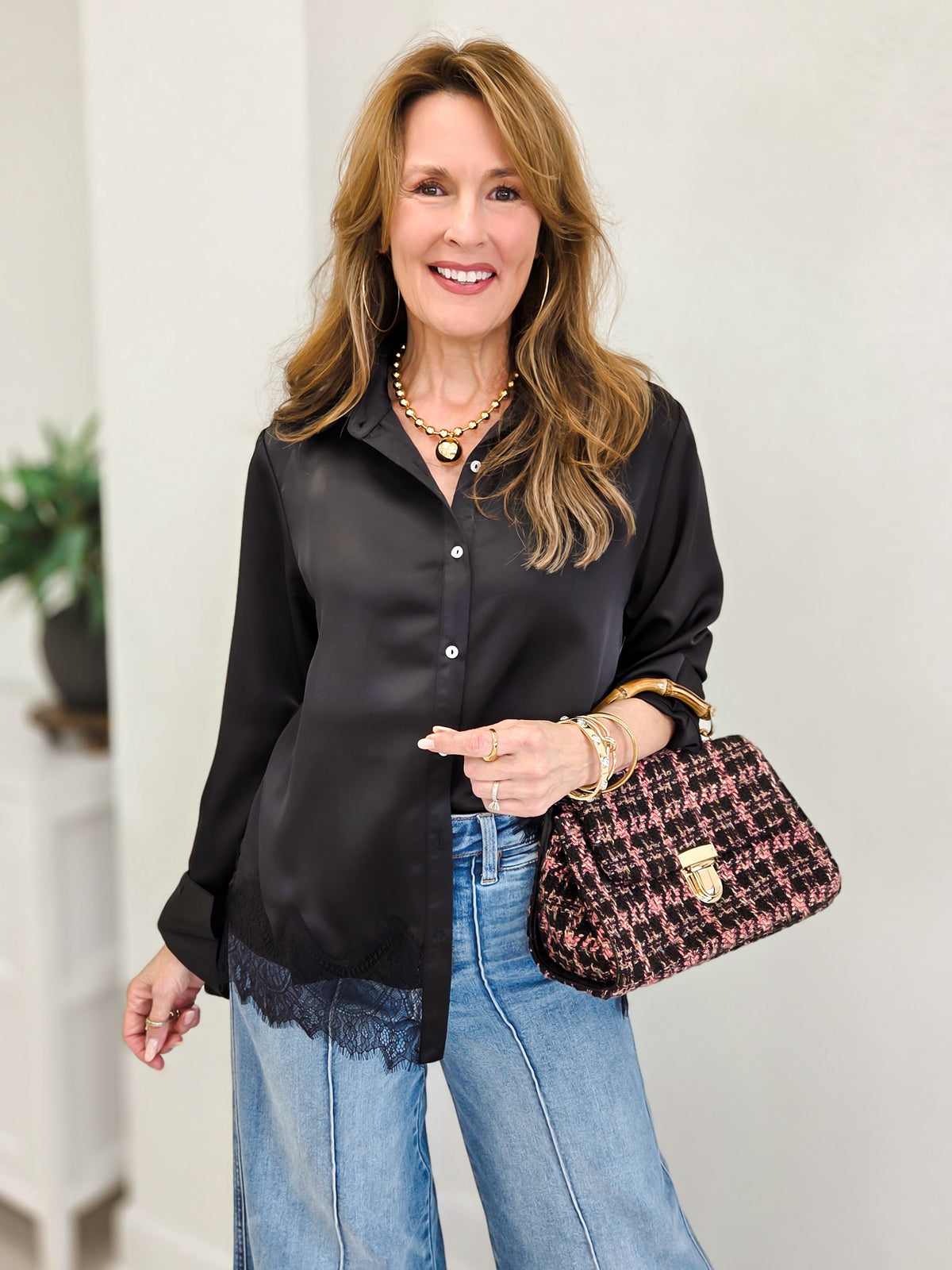 Satin Loose Fit Blouse With Lace Trim Detail