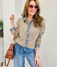 Denim Contrast Sweater Cardigan