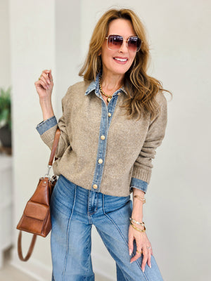 Denim Contrast Sweater Cardigan