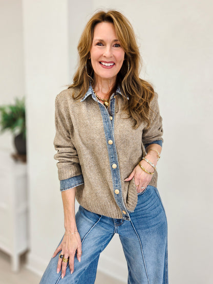 Denim Contrast Sweater Cardigan