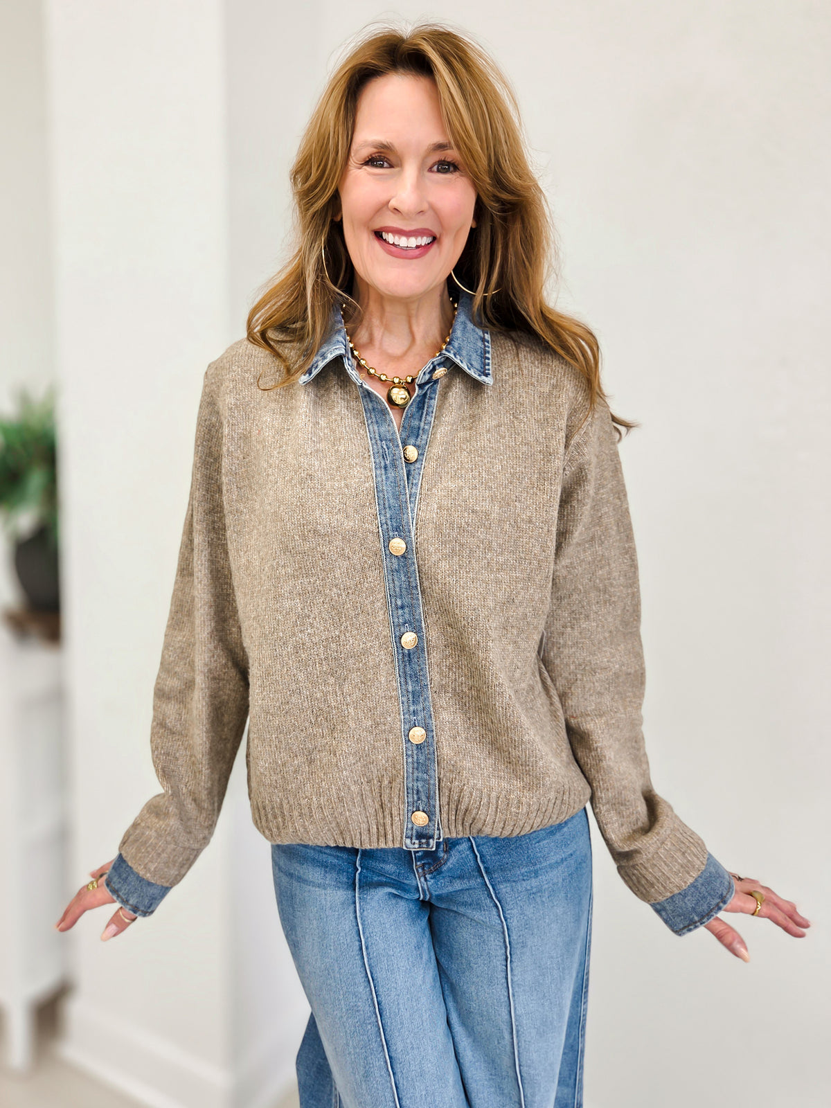 Denim Contrast Sweater Cardigan