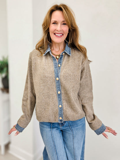 Denim Contrast Sweater Cardigan