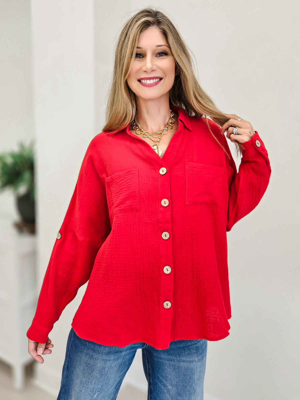 The Everyday Edit Long Sleeve Textured Gauze Button Down Shirt