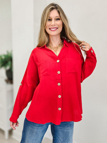 The Everyday Edit Long Sleeve Textured Gauze Button Down Shirt