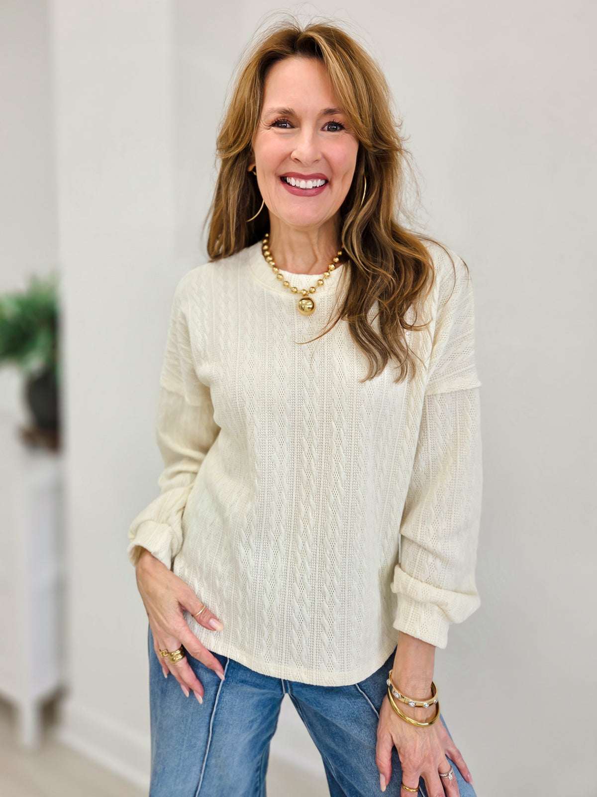 Cozy Daydream Long Sleeve Cable Knit Crewneck Sweater