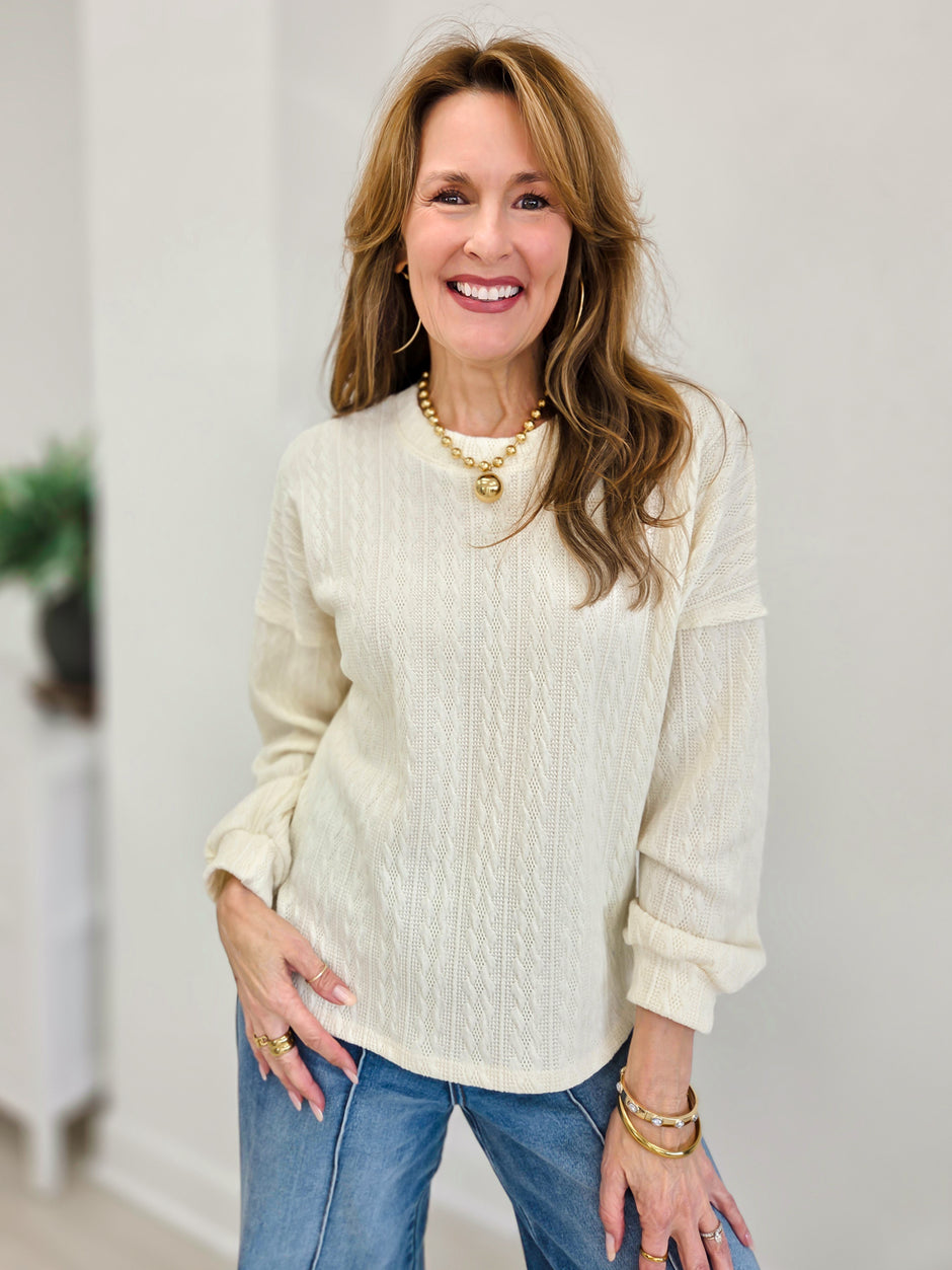 Cozy Daydream Long Sleeve Cable Knit Crewneck Sweater