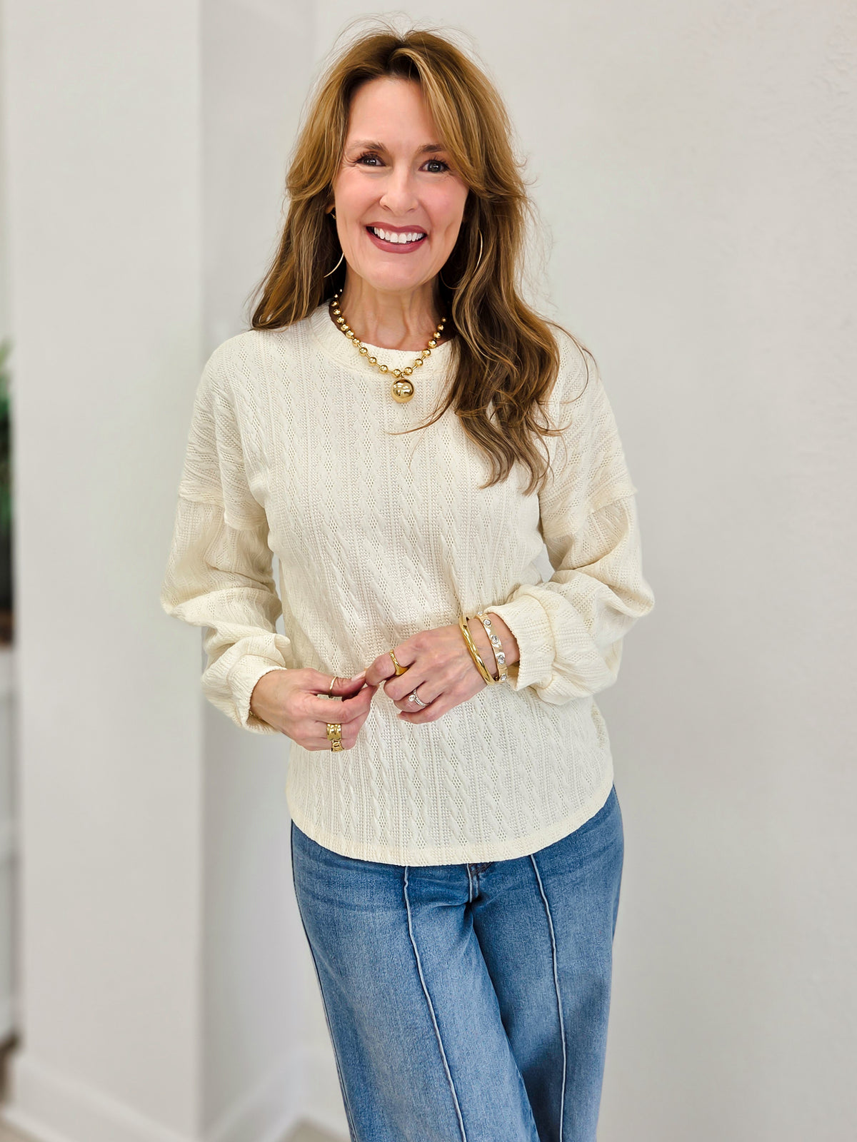 Cozy Daydream Long Sleeve Cable Knit Crewneck Sweater