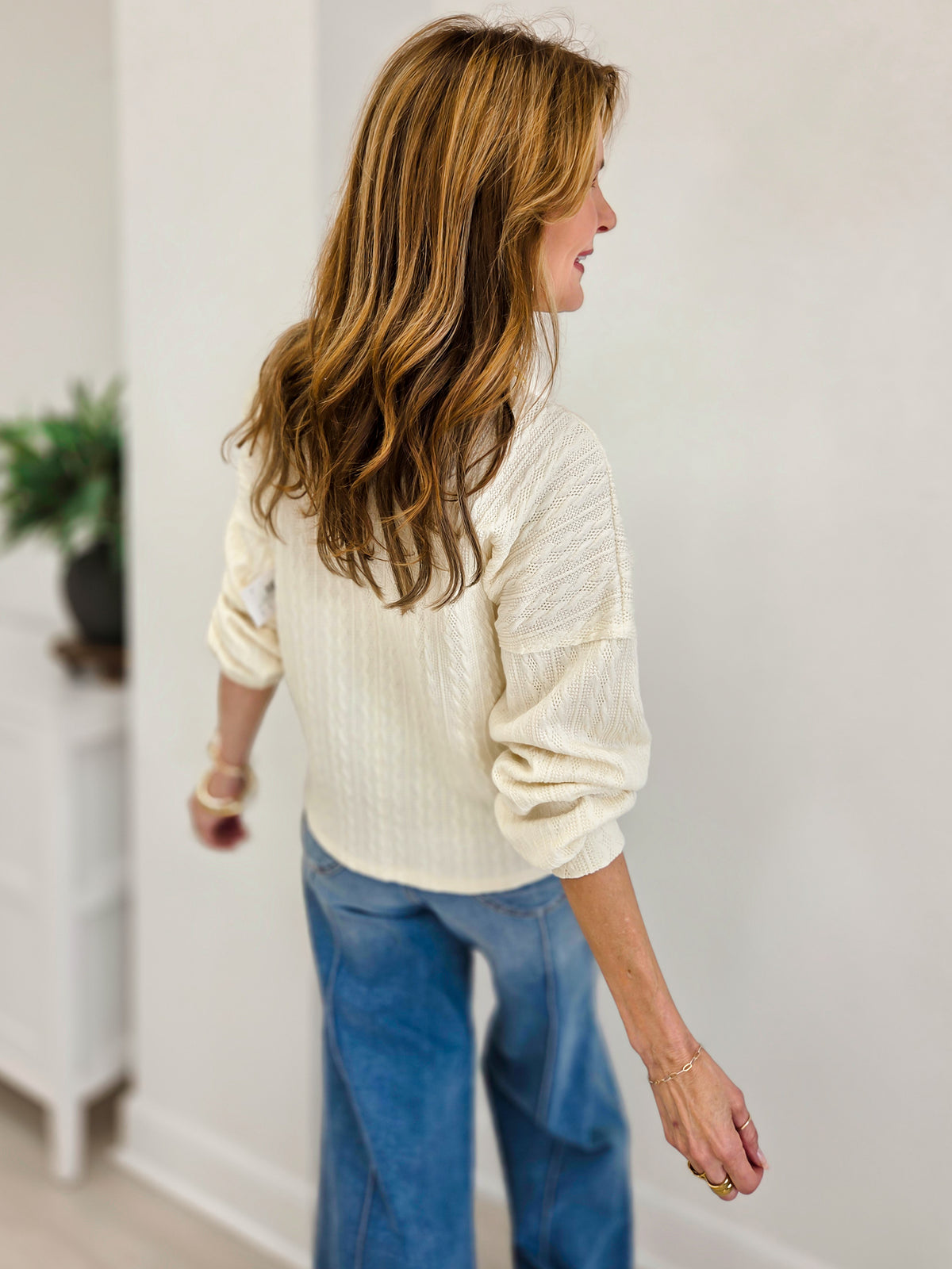 Cozy Daydream Long Sleeve Cable Knit Crewneck Sweater