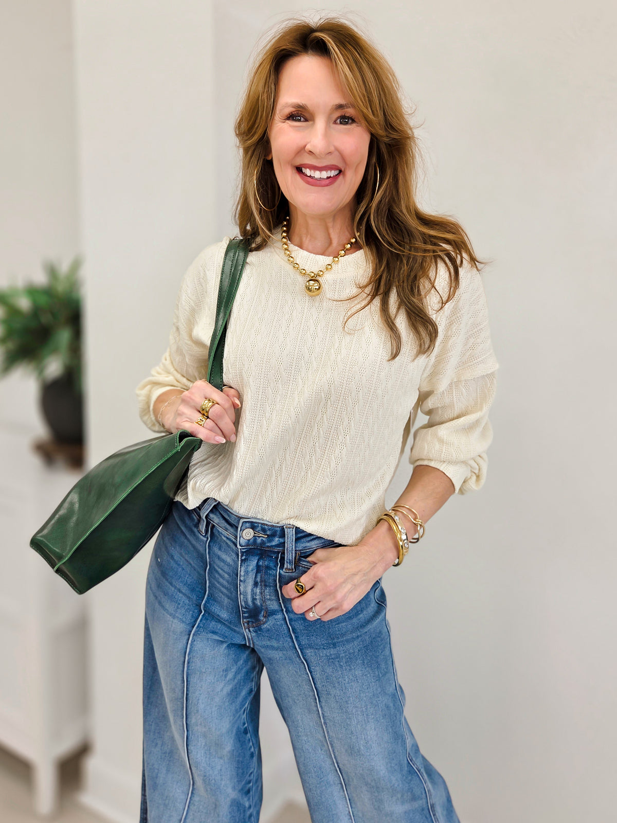 Cozy Daydream Long Sleeve Cable Knit Crewneck Sweater