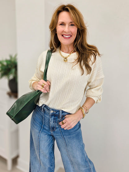 Cozy Daydream Long Sleeve Cable Knit Crewneck Sweater