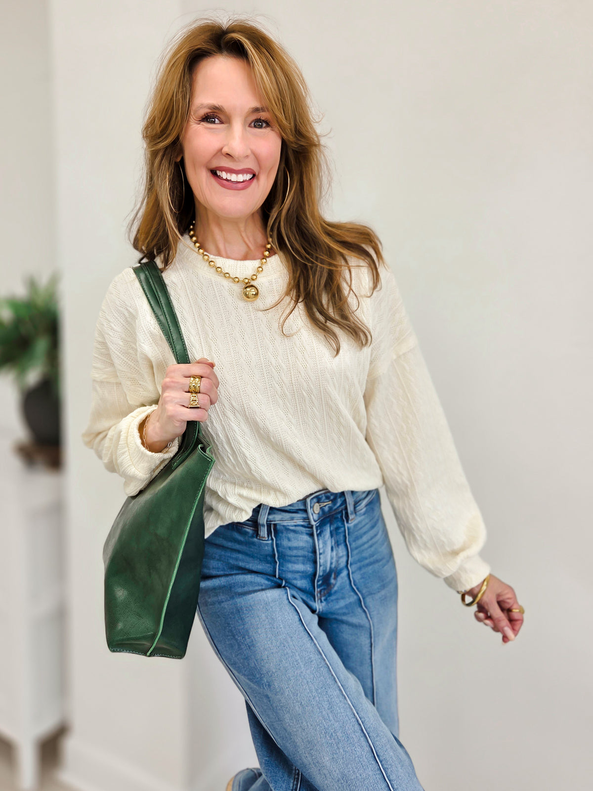 Cozy Daydream Long Sleeve Cable Knit Crewneck Sweater