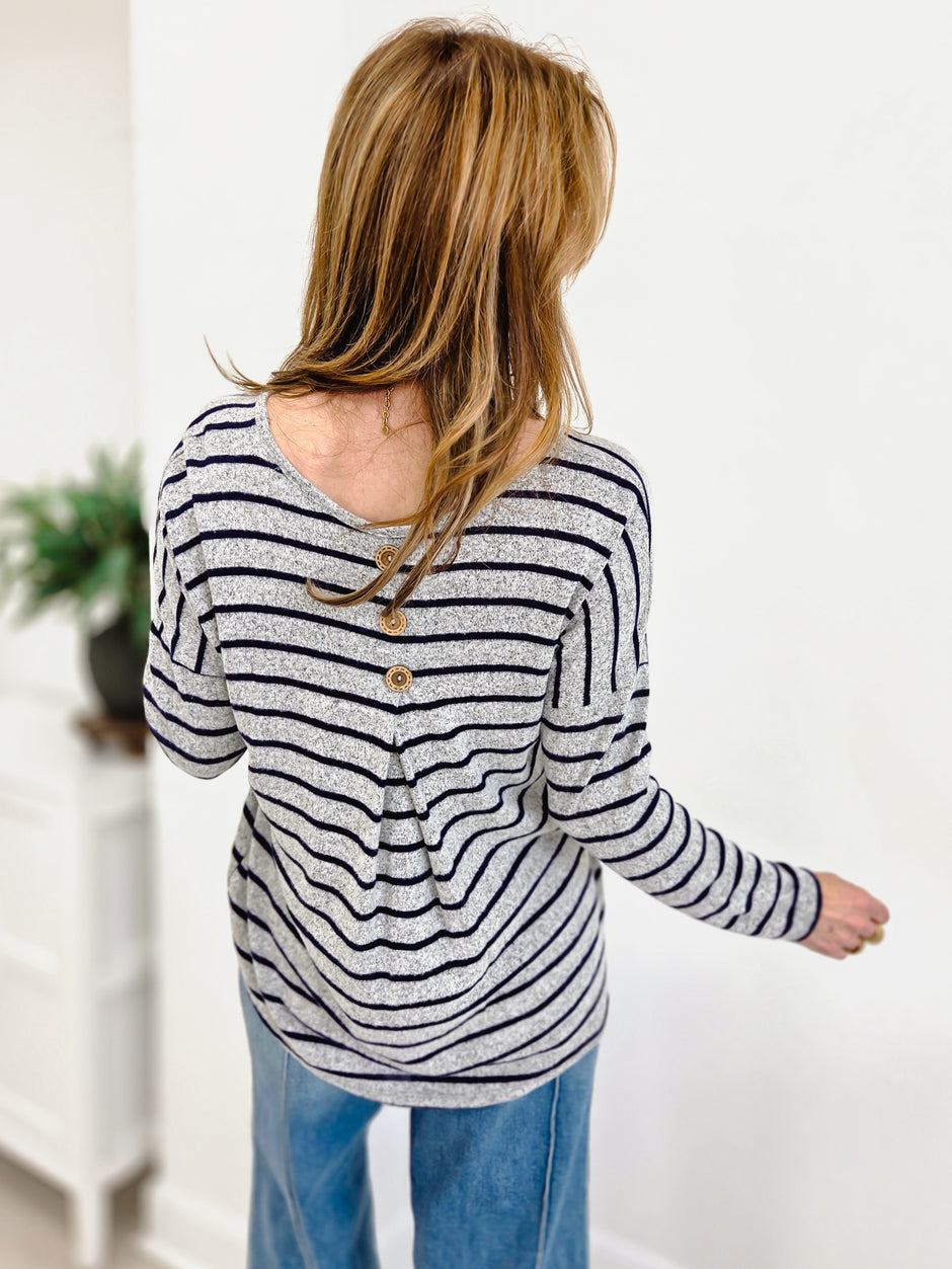 Back To Basics Long Sleeve Striped Button Back Knit Sweater