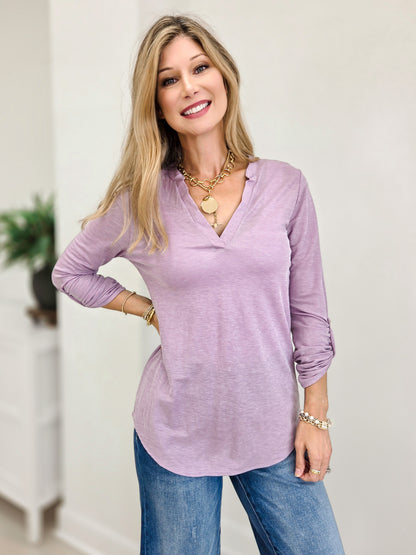 Easy Does It Long Sleeve Split Neck Roll Tab Top