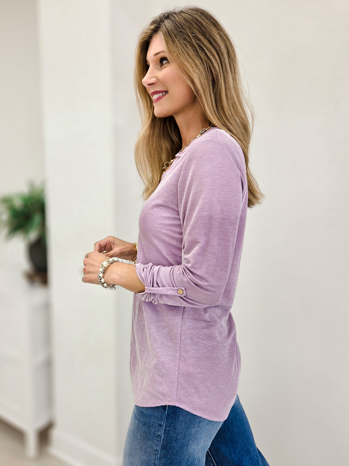 Easy Does It Long Sleeve Split Neck Roll Tab Top