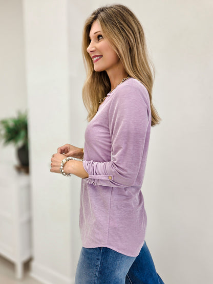 Easy Does It Long Sleeve Split Neck Roll Tab Top