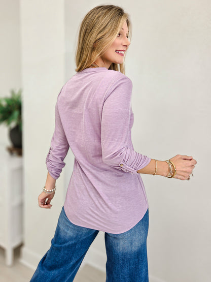 Easy Does It Long Sleeve Split Neck Roll Tab Top