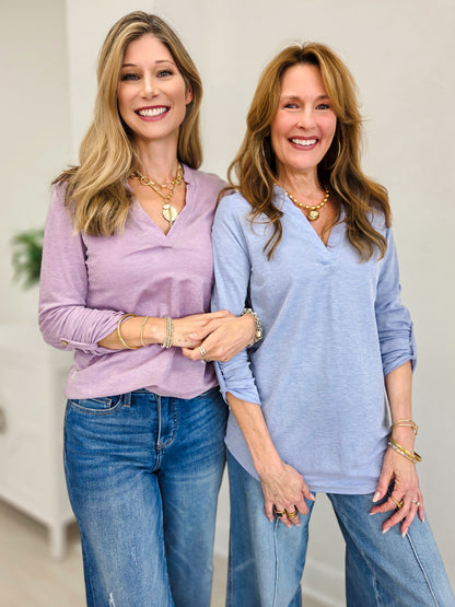 Easy Does It Long Sleeve Split Neck Roll Tab Top