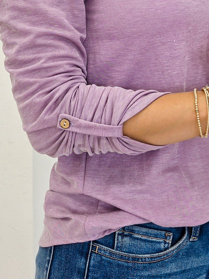 Easy Does It Long Sleeve Split Neck Roll Tab Top