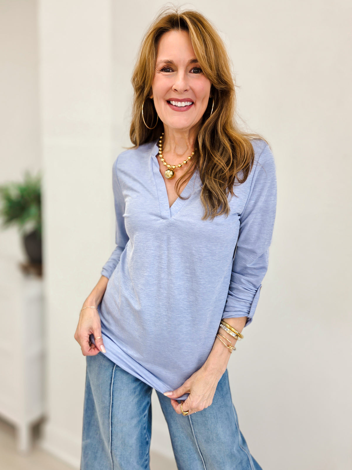 Easy Does It Long Sleeve Split Neck Roll Tab Top