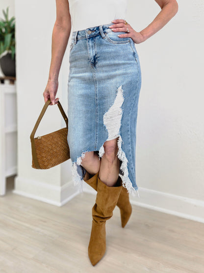 MICA Denim High Waisted Midi Skirt With Distressing
