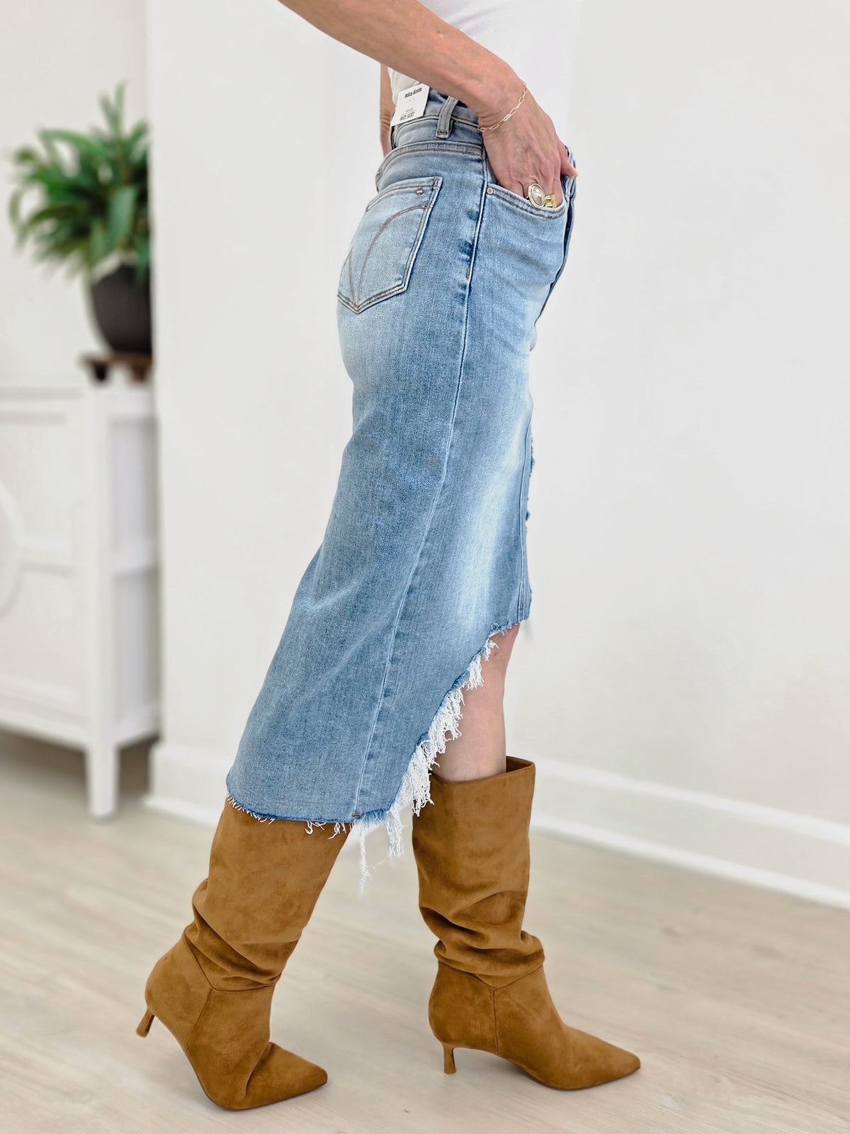 MICA Denim High Waisted Midi Skirt With Distressing