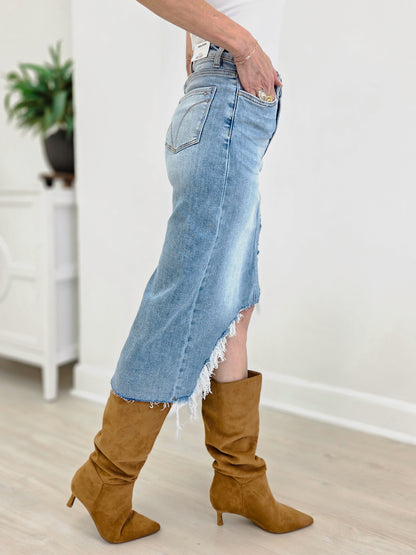 MICA Denim High Waisted Midi Skirt With Distressing