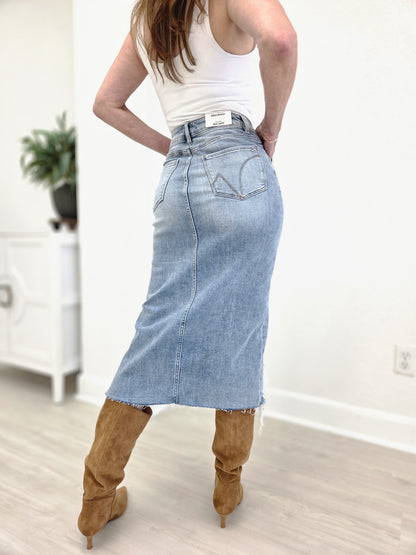 MICA Denim High Waisted Midi Skirt With Distressing