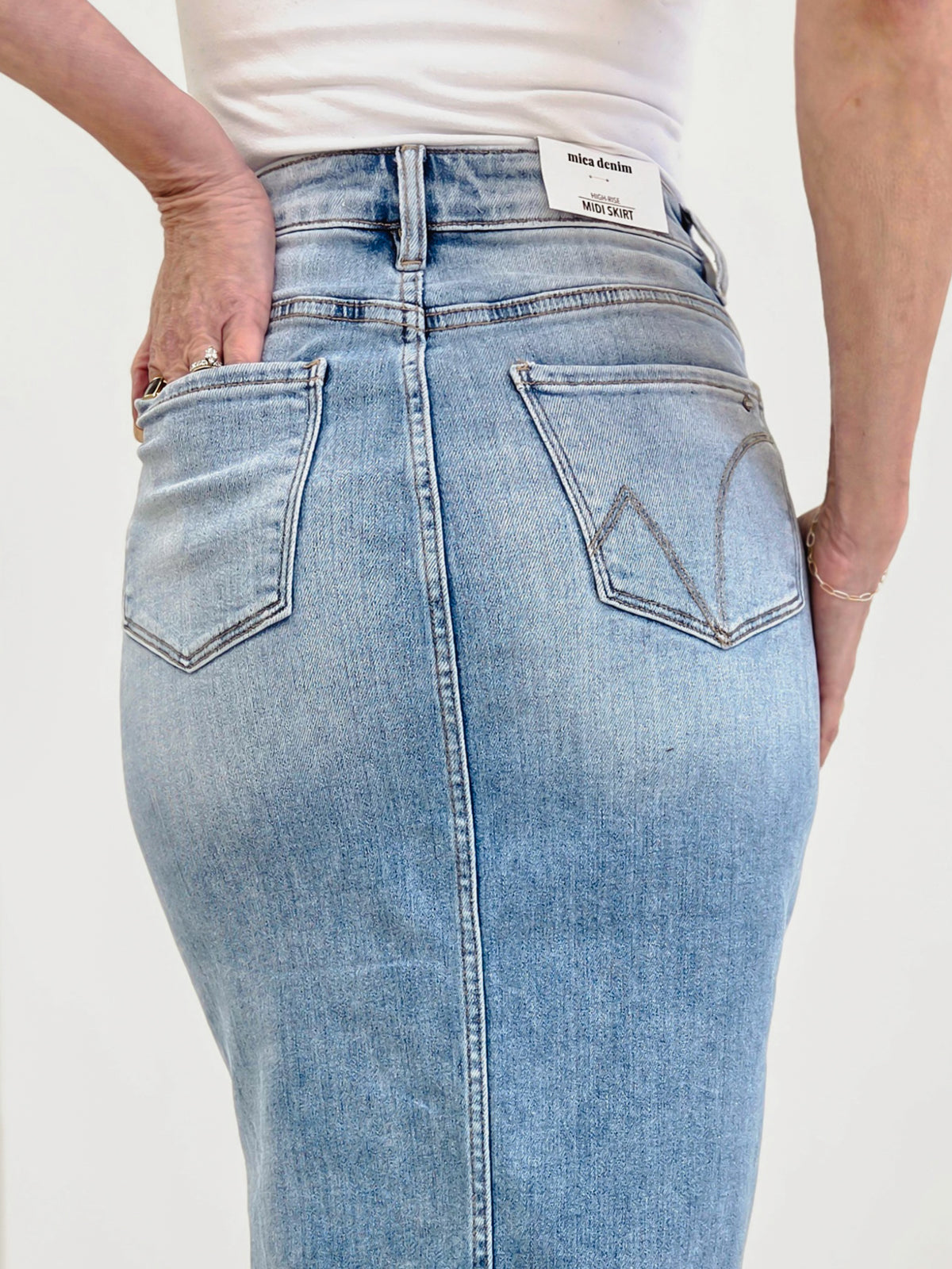 MICA Denim High Waisted Midi Skirt With Distressing