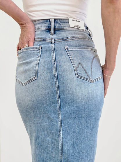 MICA Denim High Waisted Midi Skirt With Distressing