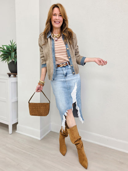 MICA Denim High Waisted Midi Skirt With Distressing